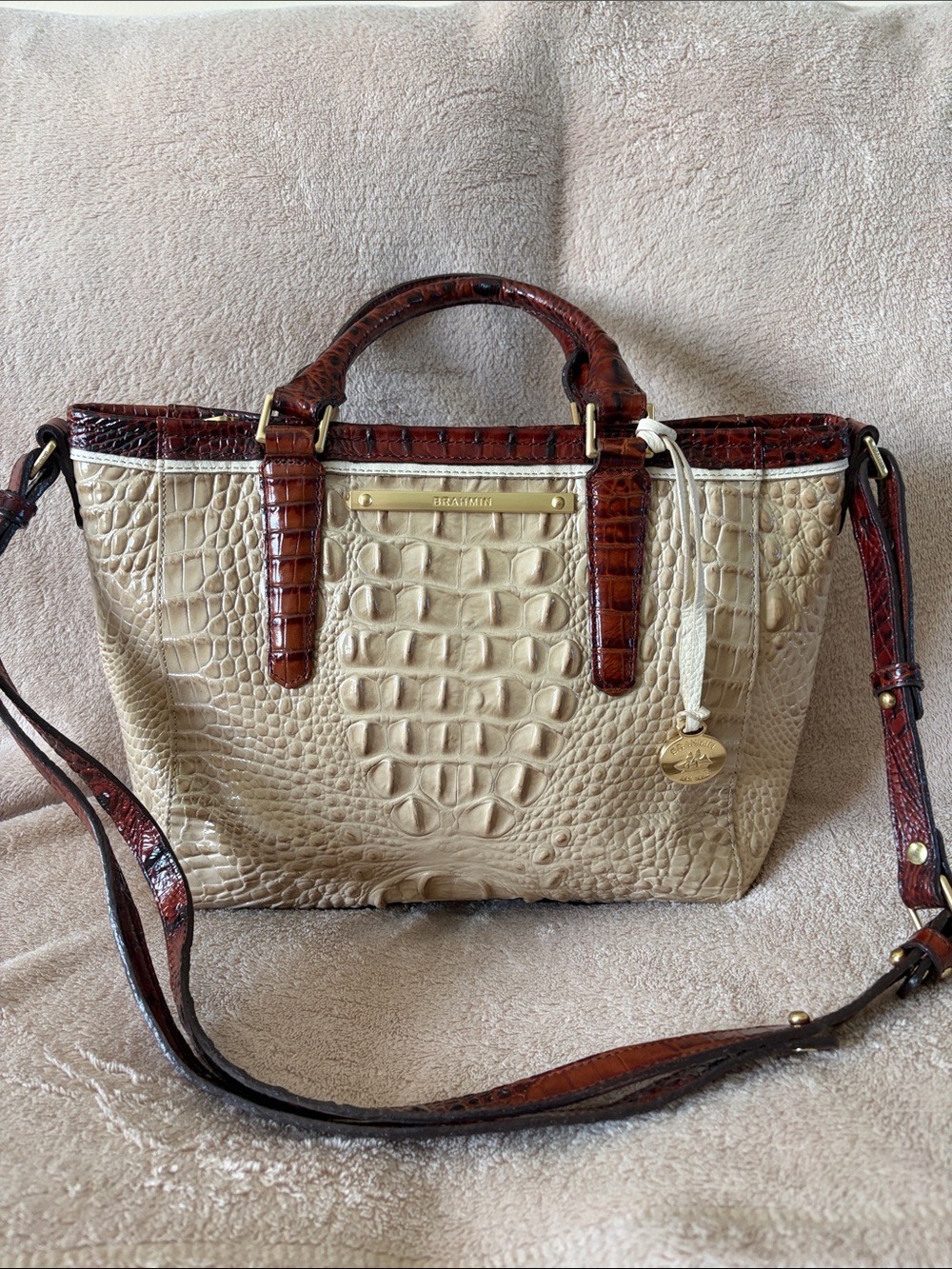 Brahmin Cream and Brown Croc-Embossed Leather Satchel